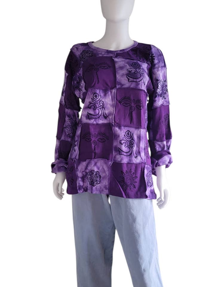 SLS1223 Cotton Long Sleeve Shirt Patchwork w. Prints Purple for wholesale by Evergreen Guardian Imports