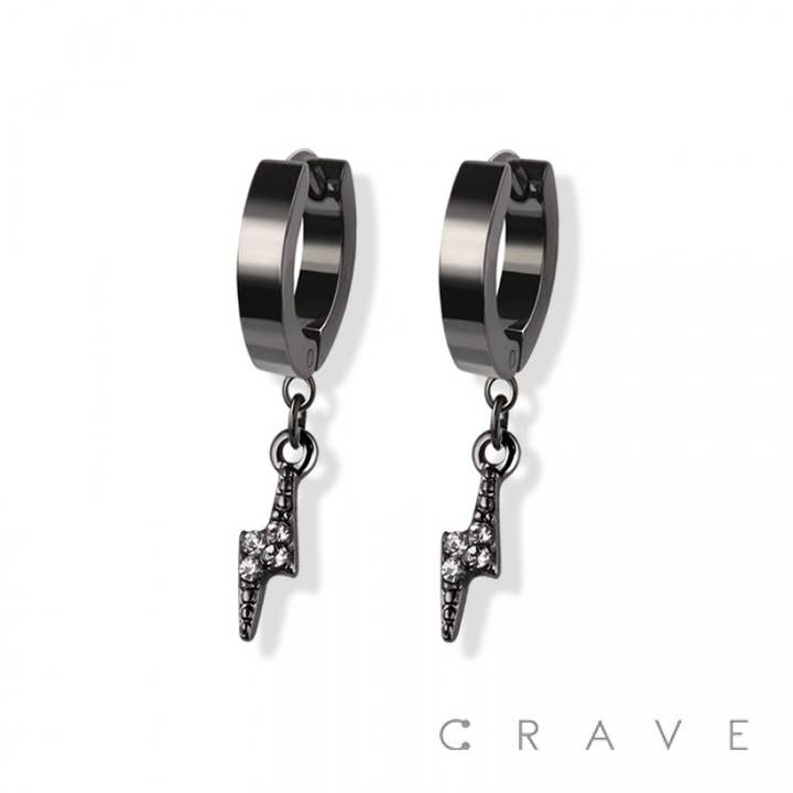 CRAVE BODY JEWELRY - Wholesale Huggie Earrings - PAIR OF SS EARRINGS WITH ALLOY CZ PAVED LIGHTING BOLT