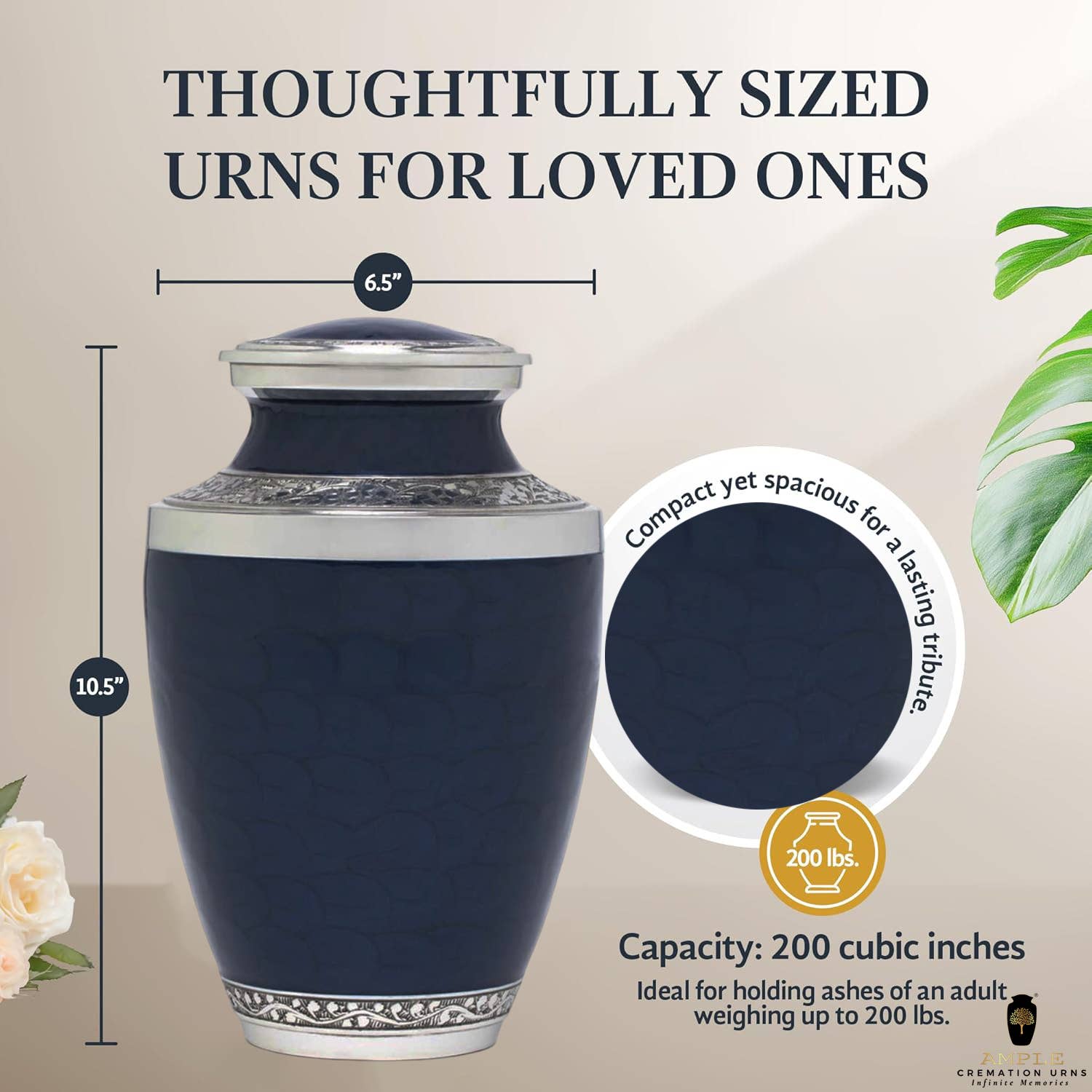 Ample Cremation Urns - Vendita all'ingrosso Urne - Urna Cineraria in Ottone Argento e Blu Profondo – Incisione Floreale a Mano3