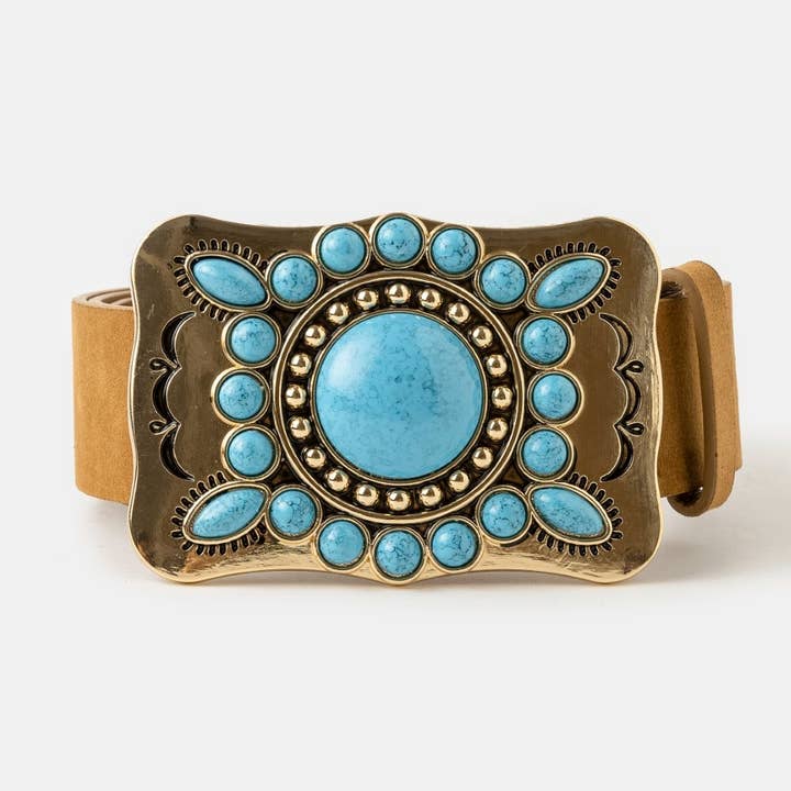 Cinturón de cuero vegano con hebilla de concho de gran piedra turquesa occidental. para venta al por mayor de Collections by Fame Accessories