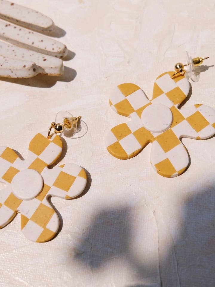 Large Checkerboard Daisy Dangle Earrings in Ochre for wholesale by Sumaq
