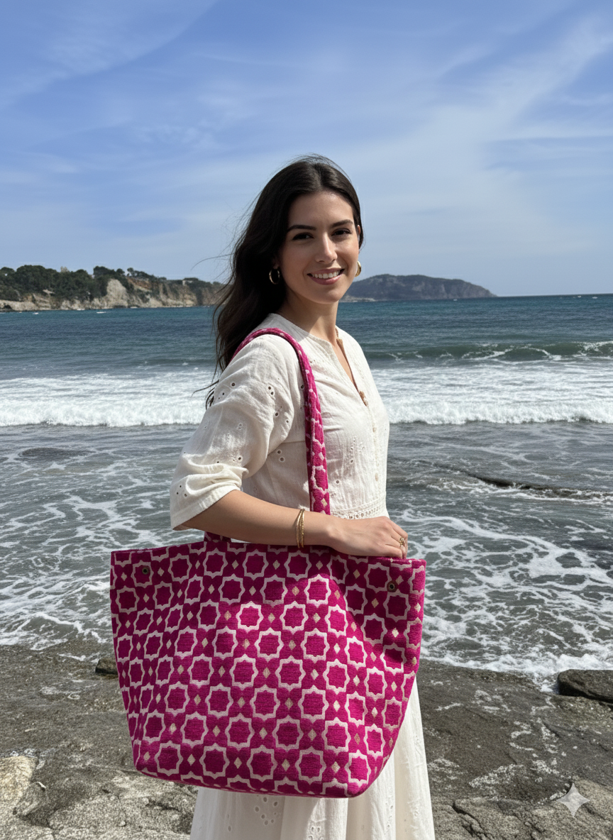 craftberber - Wholesale Tote Bag - Women's - Handmade Moroccan Brocade Tote – Pink & Gold Pattern1