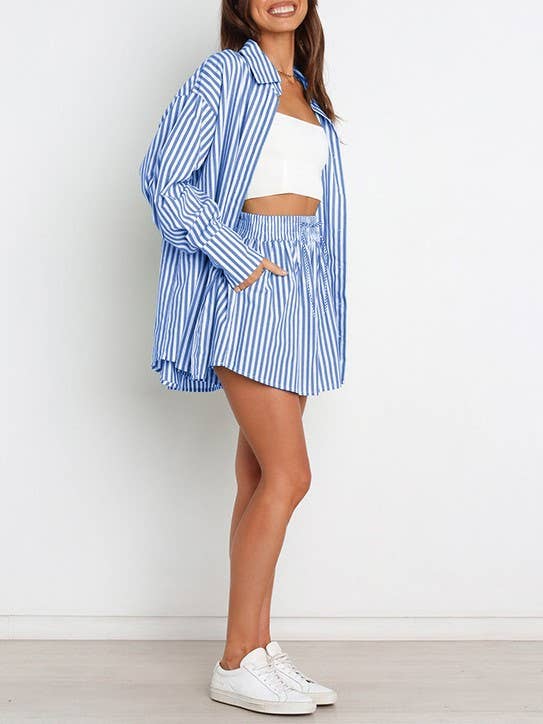 Rosa Clothing - Wholesale Top & Short Set (NOT Loungewear) - Women's - classic striped long sleeve shirt & short set holiday dressy22
