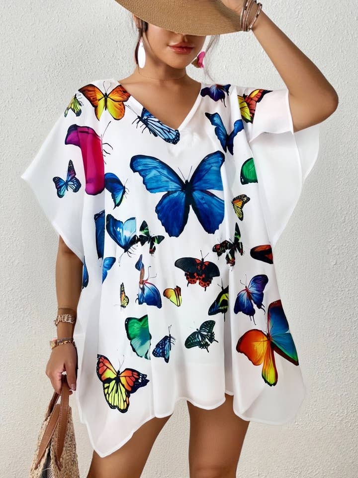 White-Multi Butterfly Pullover Cover-Up for wholesale by JC Sunny Fashion