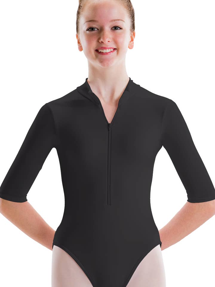 Silkskyn Zip Front Mock T 3/4 Sleeve High Cut Leotard for wholesale by Motionwear