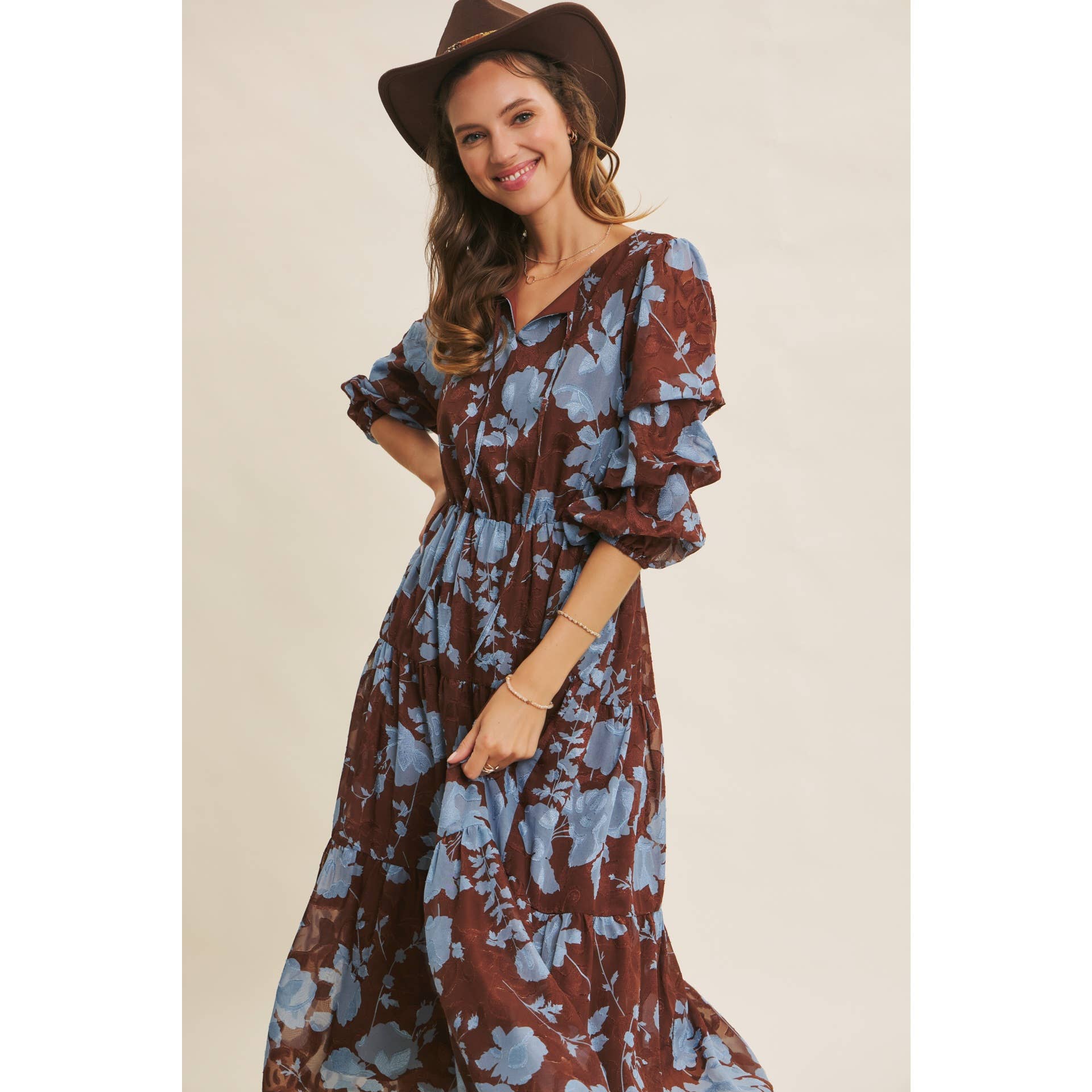 in february - Wholesale Dress - Women's - DREAMY JACQUARD FLORAL MIDI DRESS WITH STATEMENT SLEEVES16