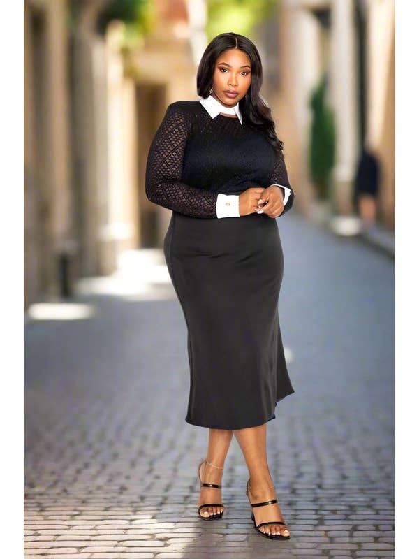 Noir ROBE MIDI EN DENTELLE À COL en vente sur Faire