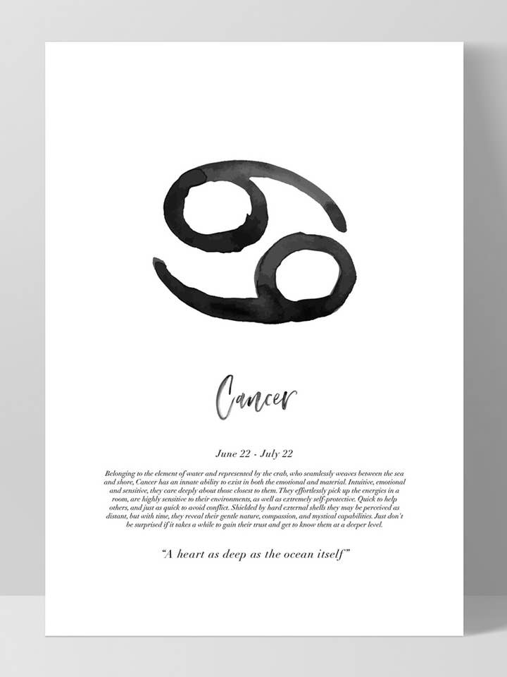 Kræftstjernetegnsymboludskrivning. Krabben sort/hvid plakat for engroshandel hos PRINT AND PROPER