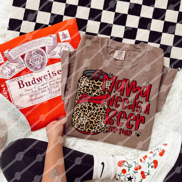 Mama needs a beer Budweiser leopard tee or sweatshirt for wholesale by Gunpowder and lace wholesale