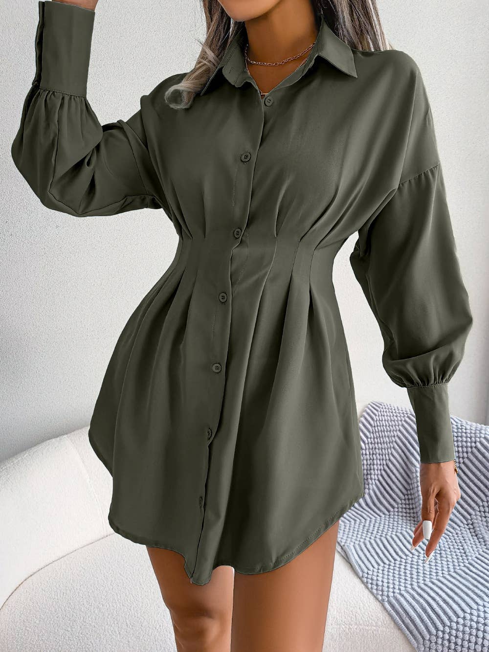 Anna Kaci Wholesale – wholesale Dress – Women's – Pleated-Waist Button-Front Shirt Dress12