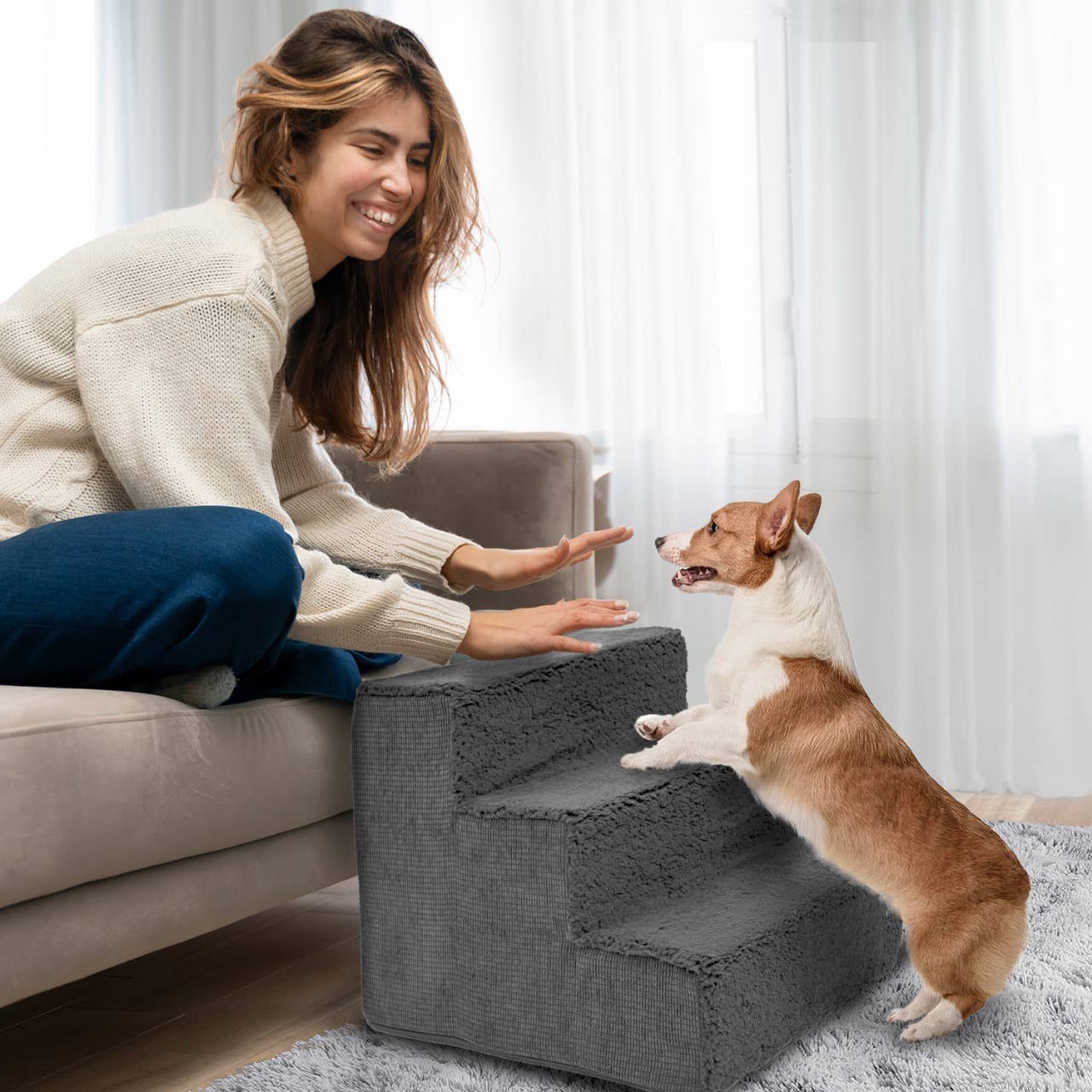 Precious Tails - Wholesale Pet Steps & Ramps - Cat/Dog - Precious Tails High Density Foam Sherpa 3 Steps Pet Stair18