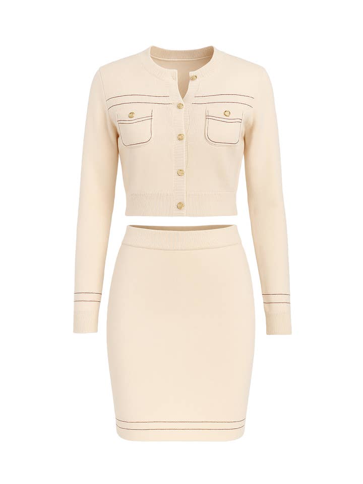 Stickad kofta och kjoluppsättning med sömmar för wholesale av RIVIR