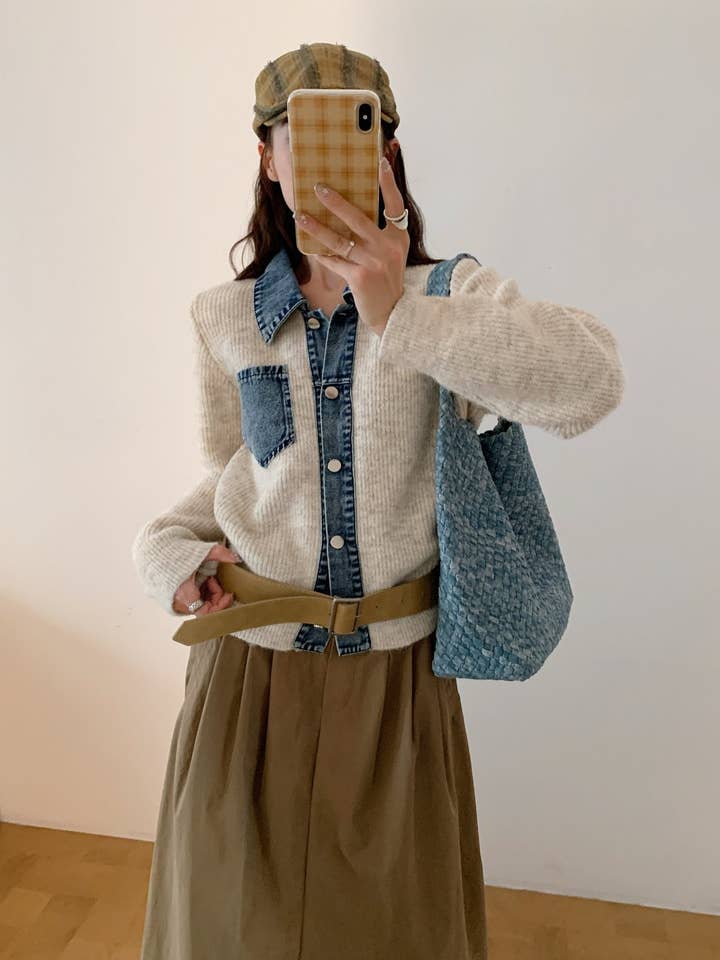 Denim Layered Pocket Knit Jacket for wholesale by Little Light