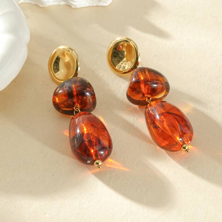 Pendientes dorados colgantes de doble piedra ámbar para venta al por mayor de joya