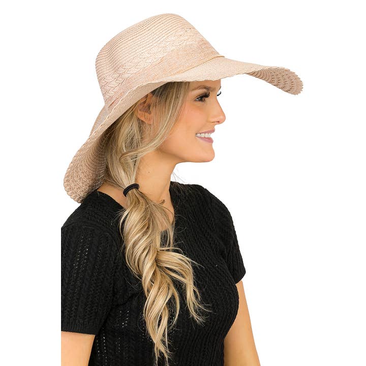 Cap Zone – wholesale Straw hat – women's – Scallop Hem Burlap Chiffon Bow Paper Straw Floppy Sun Hat18