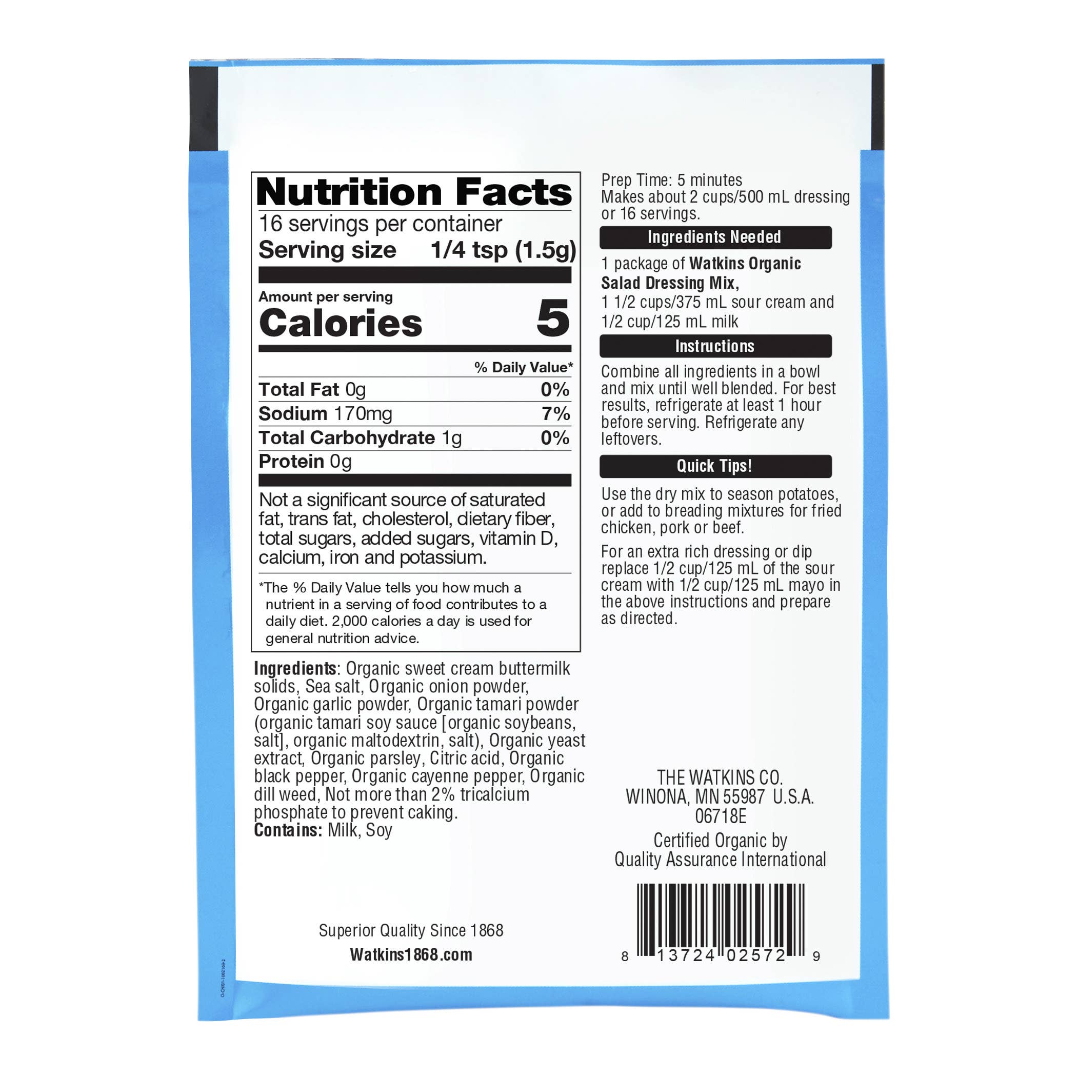 The Watkins Co. - Wholesale Salad Dressing - Organic Ranch Dressing, 0.85 oz1