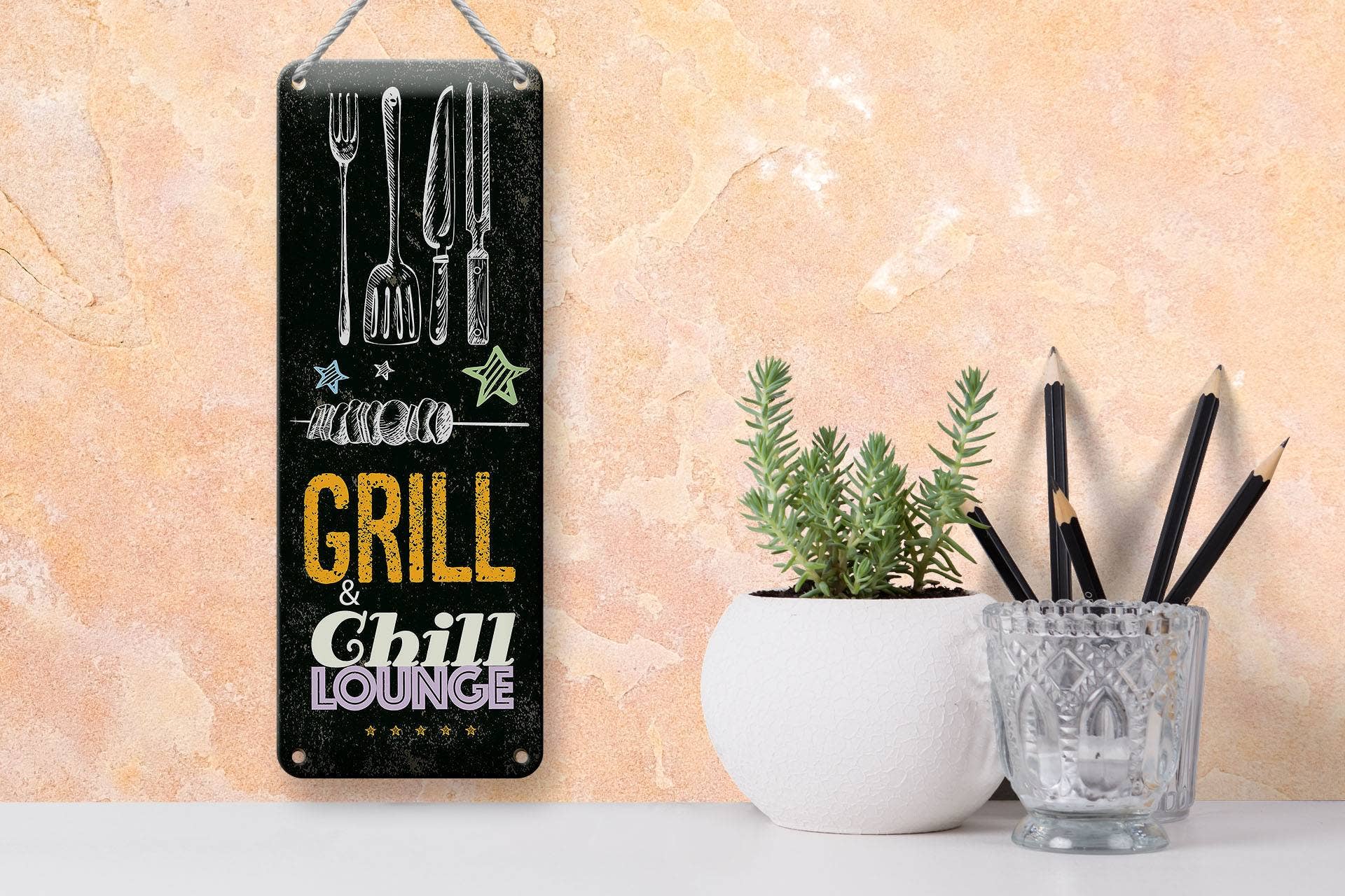 Femer - Vendita all'ingrosso Cartelli - Targa in latta grill & chill meat grilling 10x27 cm2