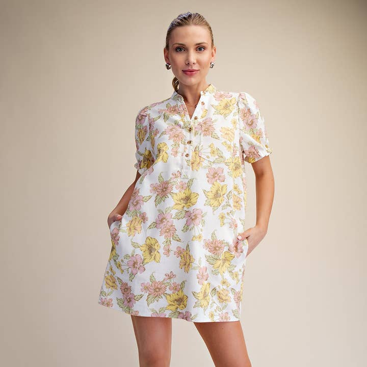 Glam - Wholesale Dress - Women's - Puff-Sleeve Floral Mini Dress1