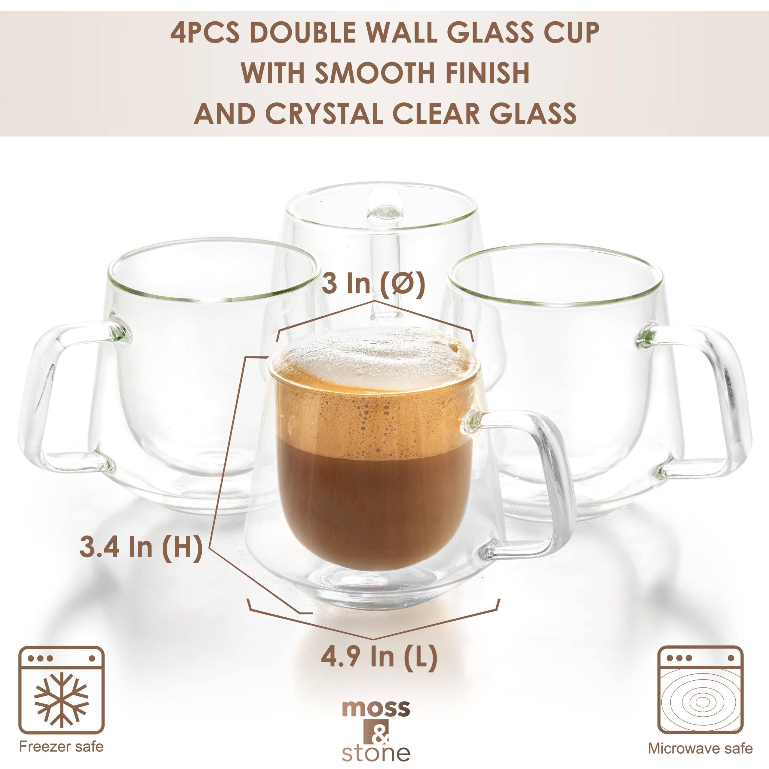 Moss & Stone – wholesale Kaffe-/Tékopp – Set med 4 dubbla väggar glas kopp klar mugg, dubbla väggar kaffemuggar 7,5 oz, glas te muggar, isolerad kaffemugg med handtag2