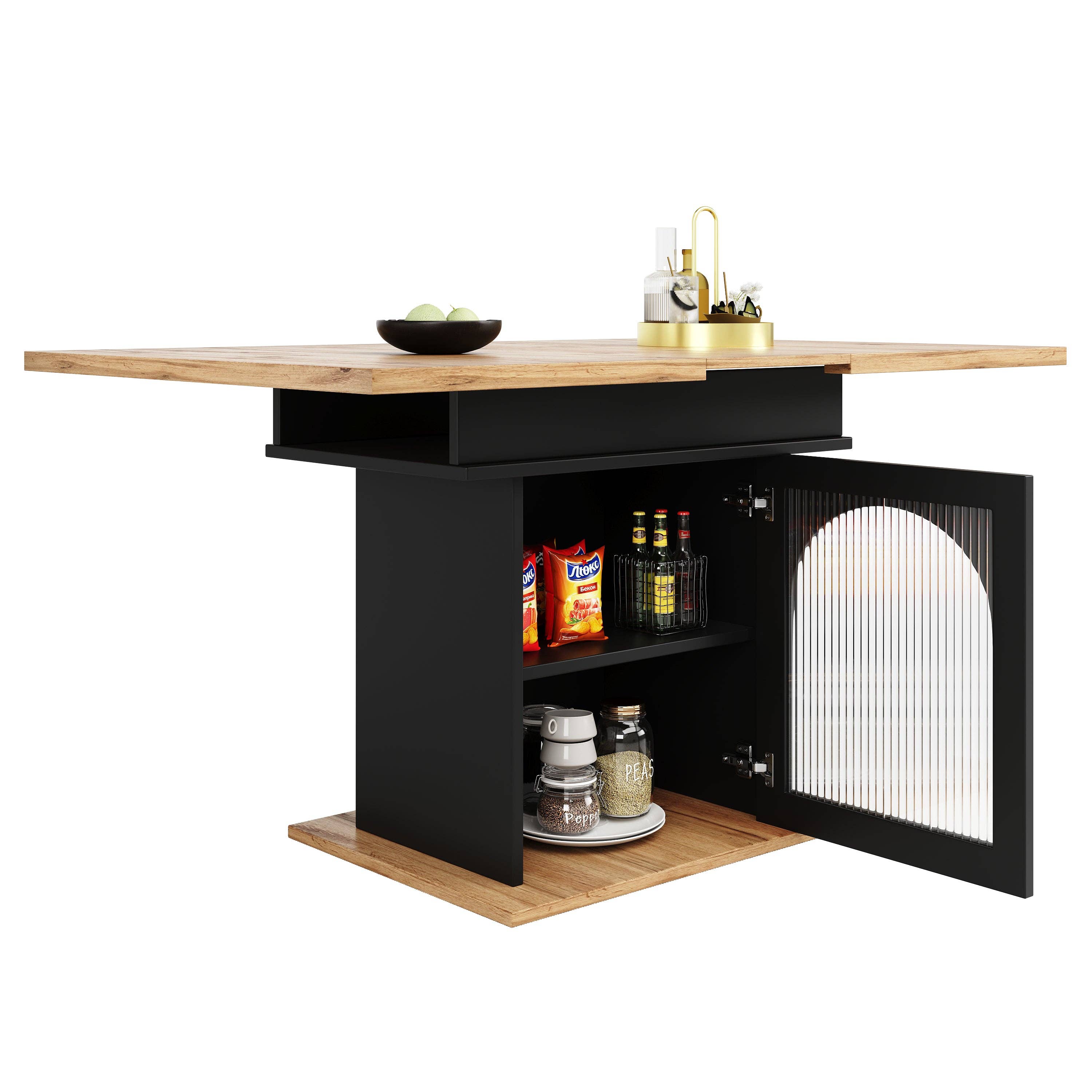 Urban Meuble - Wholesale Side Table - Extendable dining table with wood effect, black storage space, and glass 110-140*70cm CHOCAS BLACK GLASS9