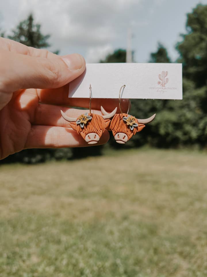 Highland Cow Dangle Earrings, Western Clay Earrings for wholesale by Sunflower Blossoms Boutique