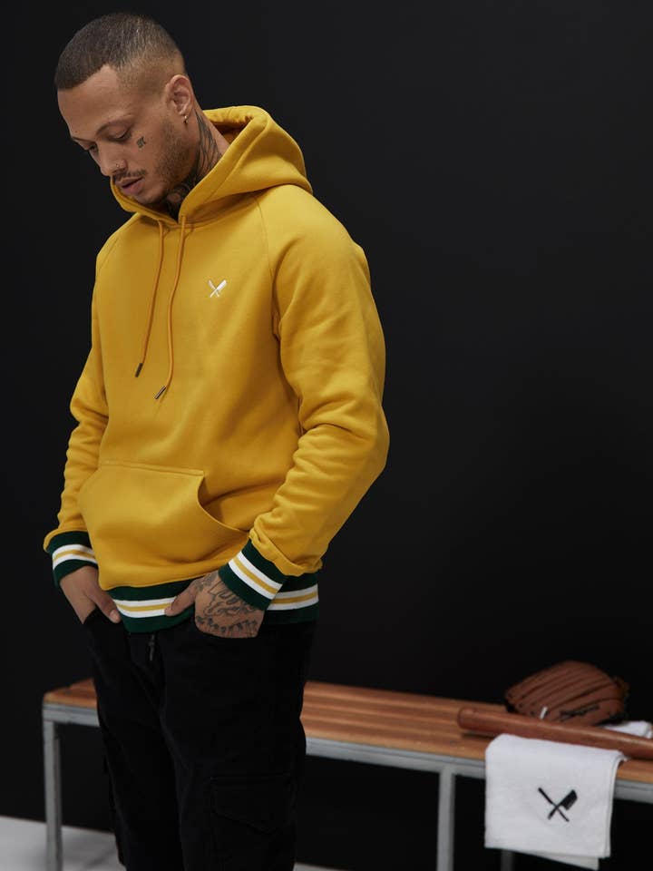 College dark yellow, grey, dark green & white Raglan Hoodie for wholesale by distorted people usa