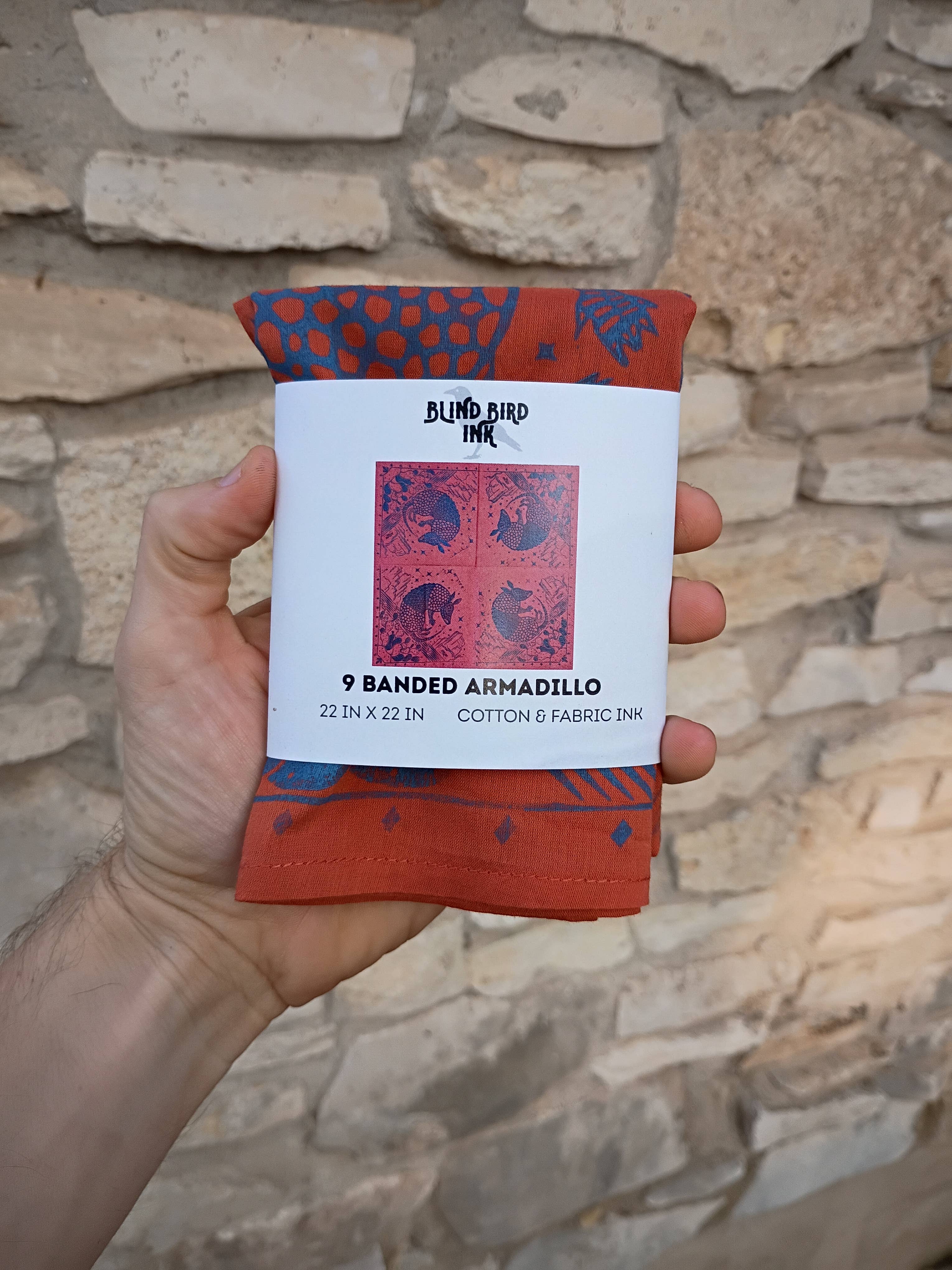 Blind Bird Ink - Wholesale Bandana - Unisex - Armadillo Linocut Bandana5