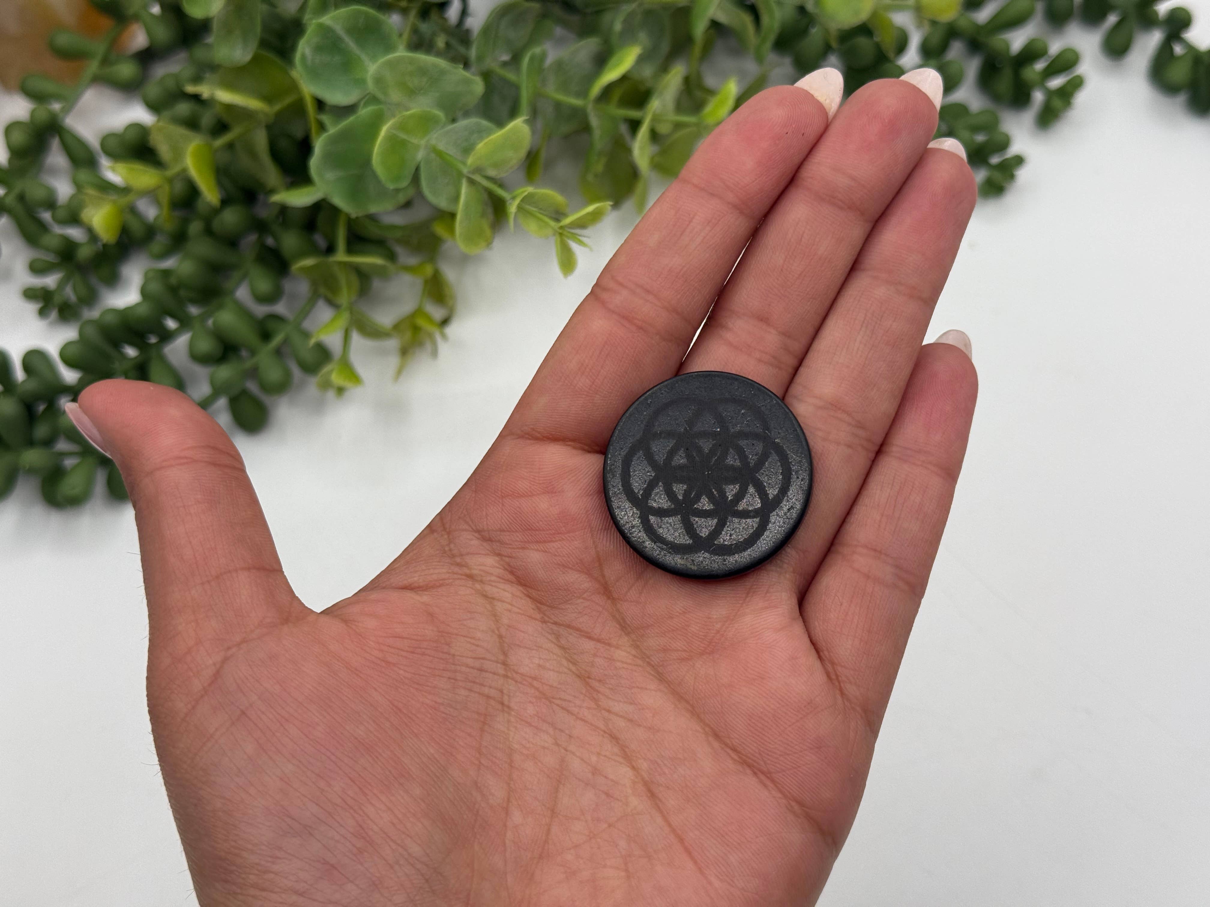 Meraki Gemstones - Wholesale Spiritual Stone/Crystal - Shungite EMF Cell Phone Tile Engraved Seeds of Life 30MM4