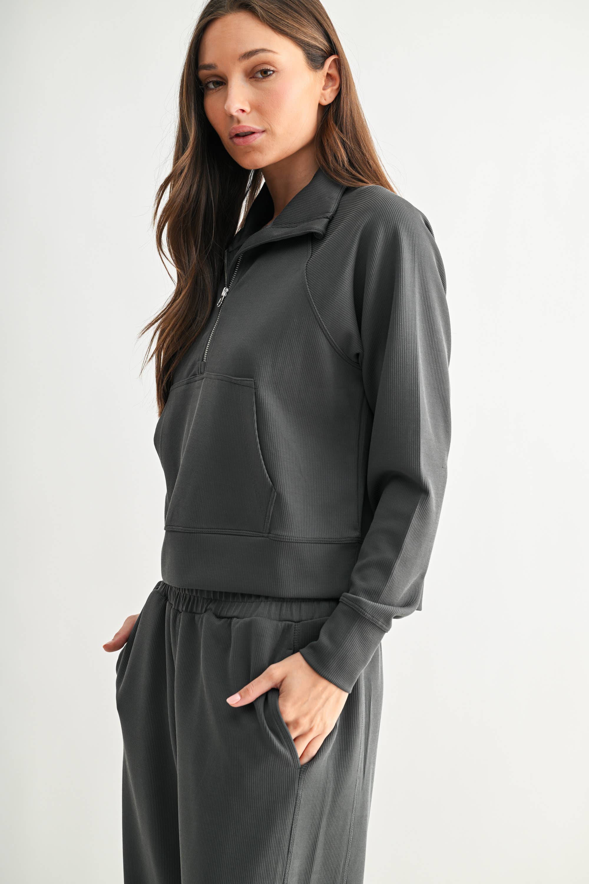 Mono B - Vente Sweat-shirt – femme - Pull à col zippé 1/4 en maille côtelée Luxe Sand Wash30