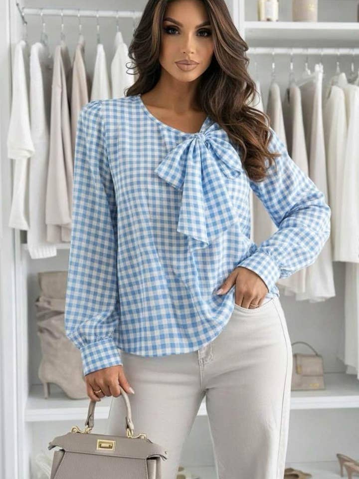 Eva Gingham Bow Neck Long Sleeve Blouse Top-Blue for wholesale by Catwalk Wholesale