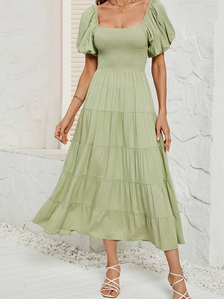 Smocked Square Neck Puff Sleeve Dress for wholesale by Beyond Apparel