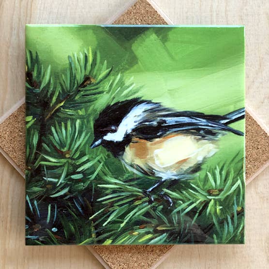 Chickadee in Pine Trivet for wholesale by Art by Alyssa