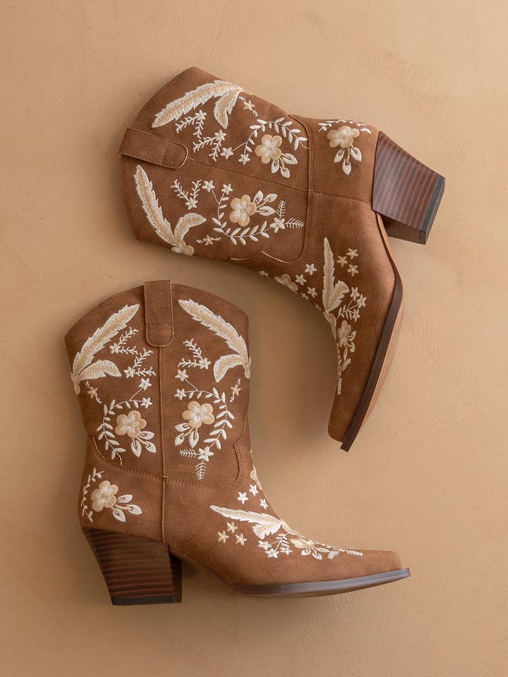 The Bailey | Cocoa Embroidered Cowboy Bootie for wholesale on Faire