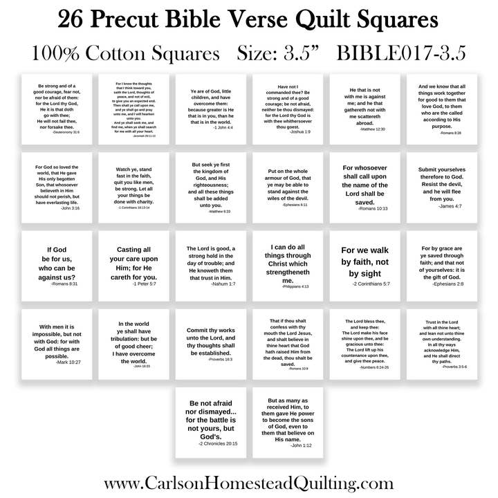 Carlson Homestead Quilting - Wholesale Fabric - KJV Bible Verse Precut Quilt Squares – Set of 26 | Fabric Charm Pack on White Cotton