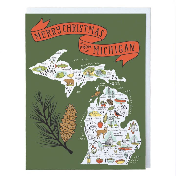 Illustrated Michigan Map Merry Christmas Card for wholesale by City Bird