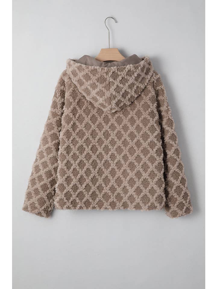 Chestnut Sherpa Rhombus Textured Zip Up Hooded Jacket for wholesale on Faire6