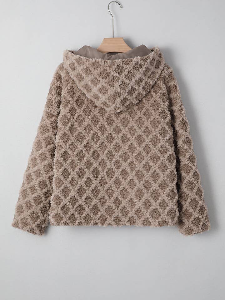 Chestnut Sherpa Rhombus Zip Up Side Pocket Hooded Jacket for wholesale on Faire1