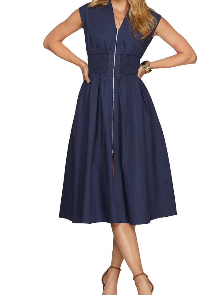 Smocked Waist Front Zip Side Pocket Midi Dress for wholesale by Vanilla Monkey