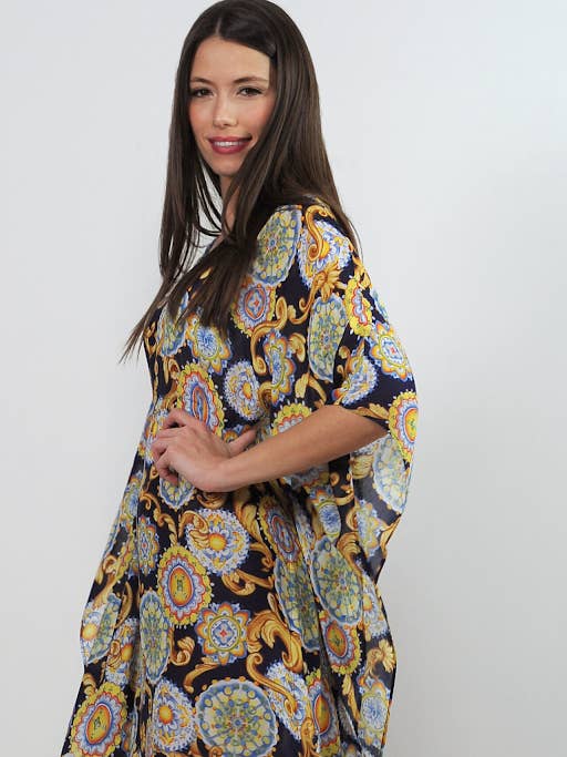 Long muslin kaftan - majolica print for wholesale by IDDA