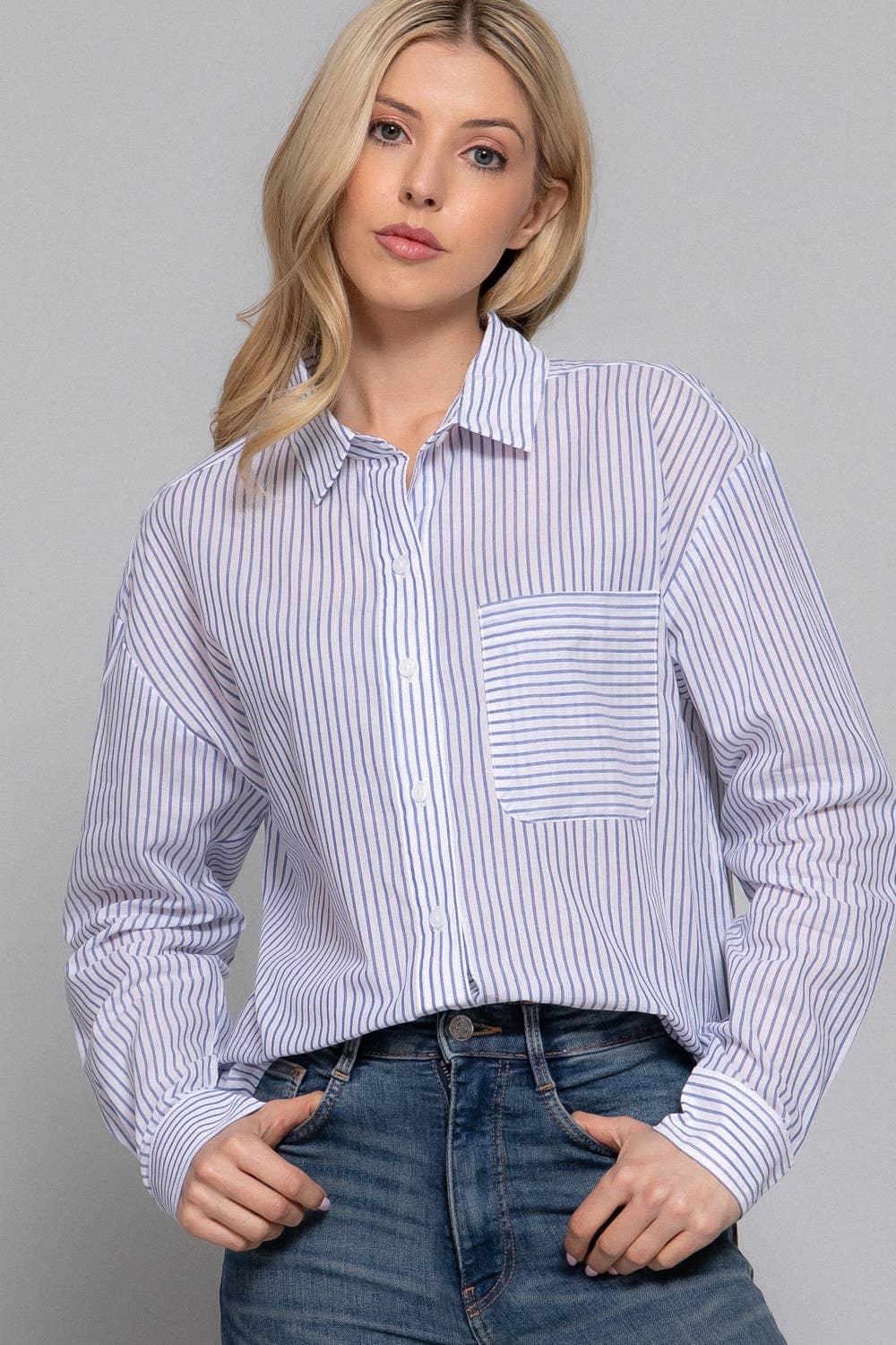 Active Basic | Active USA - Wholesale Button Down Shirt - Women's - Long Sleeve Y/D Stripe Voile Shirt5