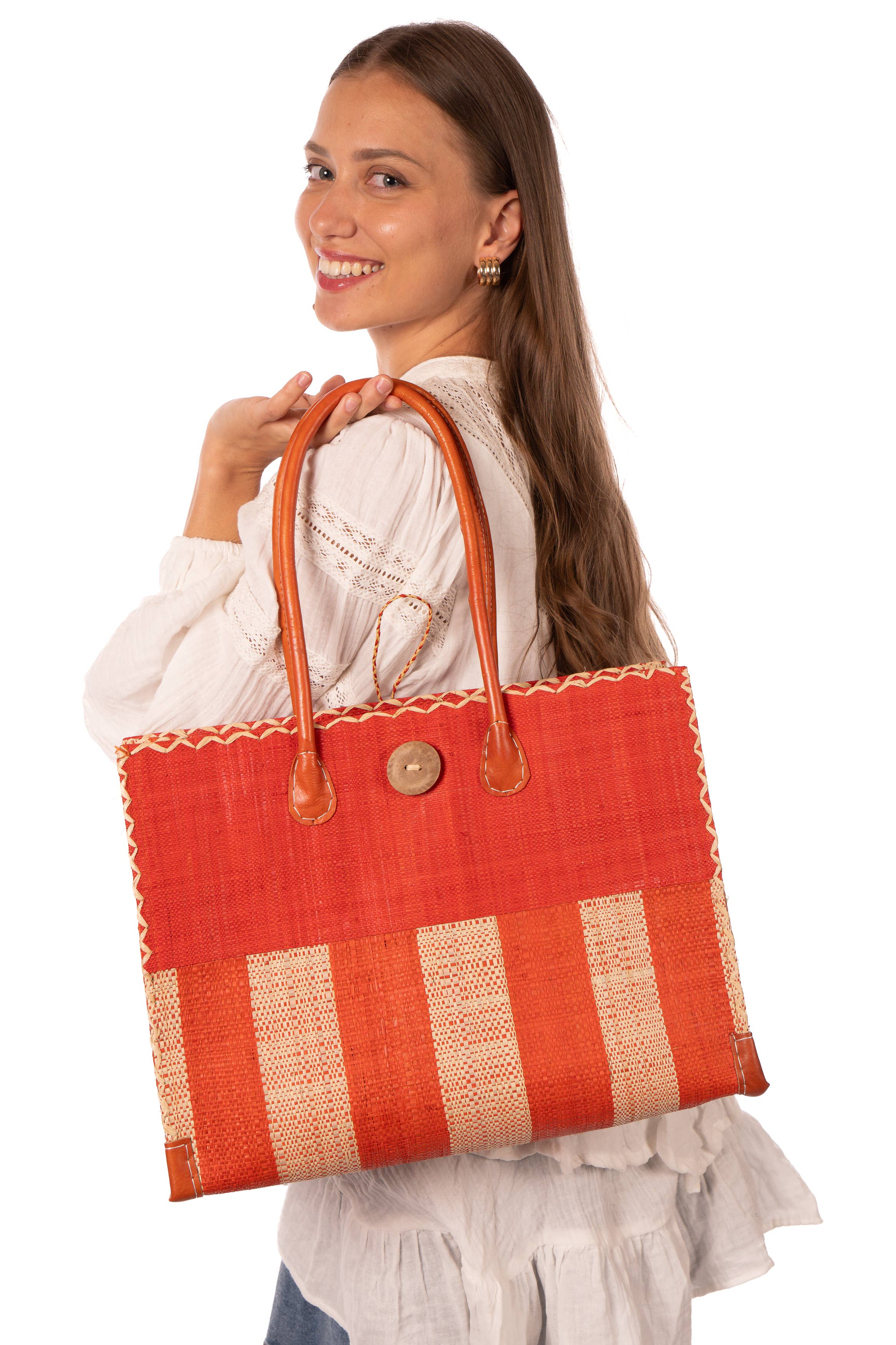 Shebobo - Wholesale Shoulder Bag - Unisex - Zafran Two Tone Wide Stripe Straw Beach Bag2