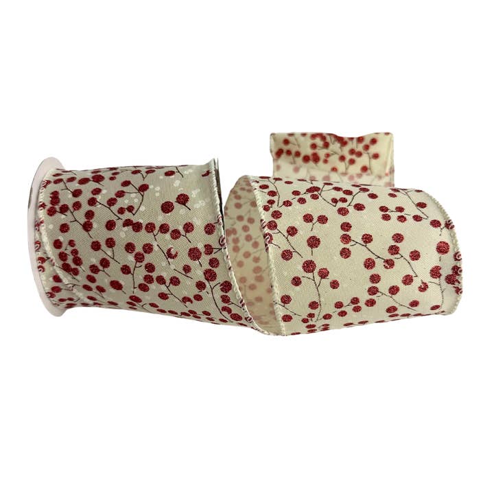 4" Cream Burlap with Red Berries Ribbon R32965 for wholesale by Trendy tree