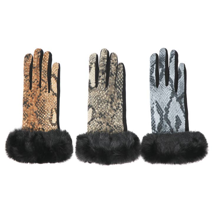 Luxury Faux-Fur Snakeskin Gloves, Touchscreen compatible. for wholesale by Alba Wholesale