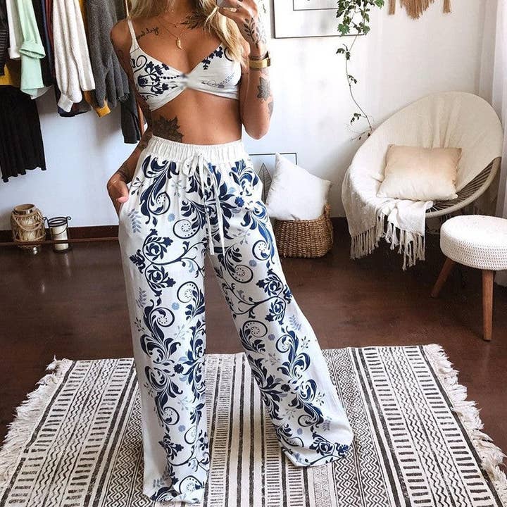 FurDecoration - Wholesale Top & Pant Set (NOT Loungewear) - Women's - Loose Fit Floral Print Tube Top And Wide Leg Pants Set