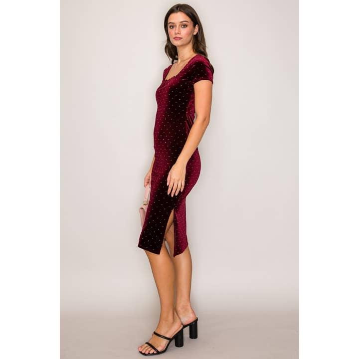 Popular 21 - Wholesale Dress - Women's - Square Neck Short Sleeve Studded Velvet Midi Dress1