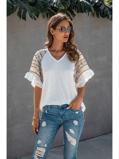 Supreme Fashion - Wholesale Blouse - Women's - Splicing Print V Neck Ruffle Elegant Top3