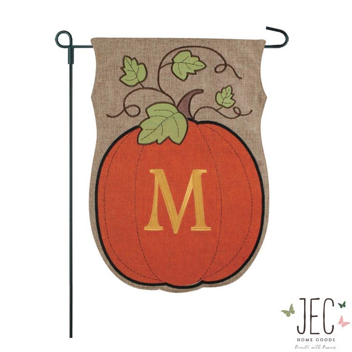 Græskar Monogram Jute 2-sidet Have Flag 12.5x18" for engroshandel hos JEC Home Goods Inc