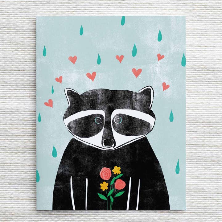 Tarjeta de San Valentín de mapache y flores para venta al por mayor de Natalie V. Mason
