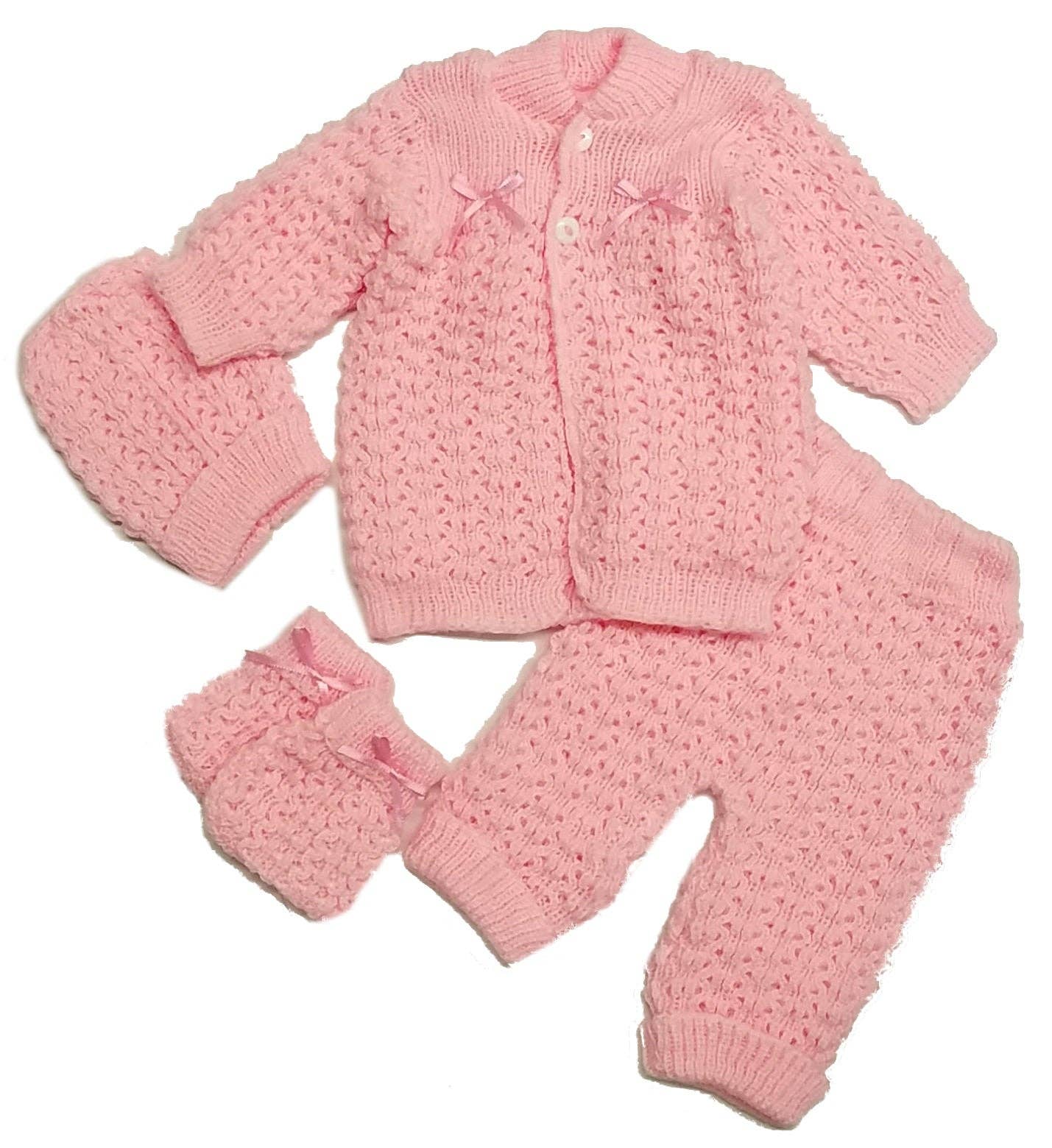 b-one inc - Wholesale Clothing Set - Baby - Wholesale Newborn Crochet Girl Pink Hat Cardigan Sweater Pants Booties 4 Piece Outfit Set4