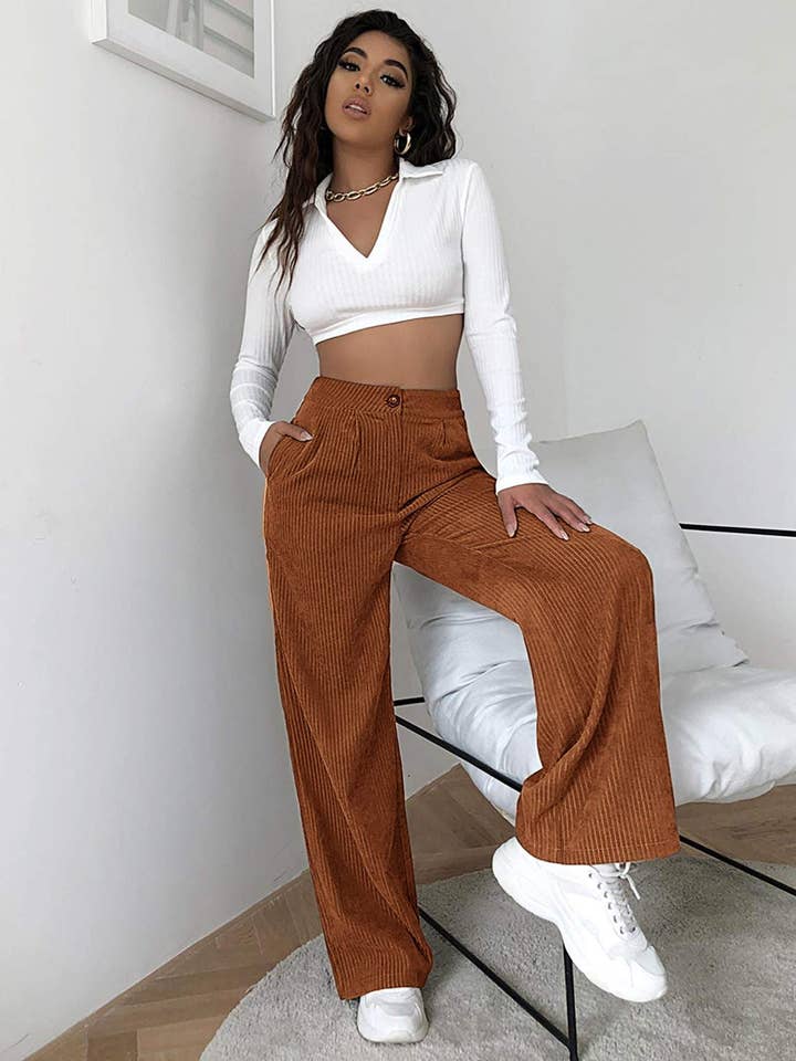 high waist cord wide leg pants for wholesale by Queen Fashion